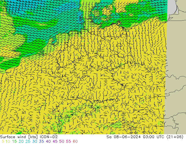 Surface wind ICON-D2 Sa 08.06.2024 03 UTC