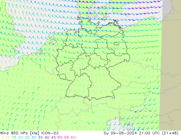 Wind 850 hPa ICON-D2 Ne 09.06.2024 21 UTC