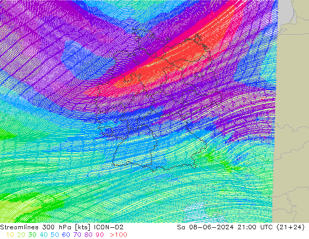 Stroomlijn 300 hPa ICON-D2 za 08.06.2024 21 UTC