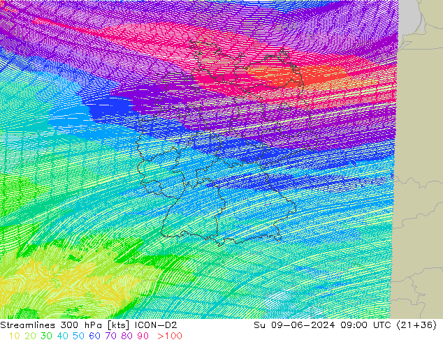 Linea di flusso 300 hPa ICON-D2 dom 09.06.2024 09 UTC