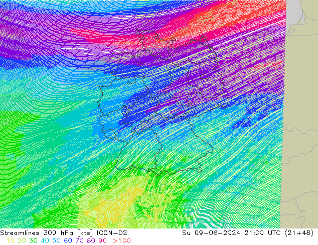 Linea di flusso 300 hPa ICON-D2 dom 09.06.2024 21 UTC