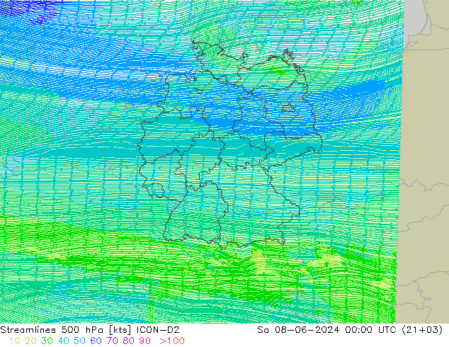 Streamlines 500 hPa ICON-D2 Sa 08.06.2024 00 UTC