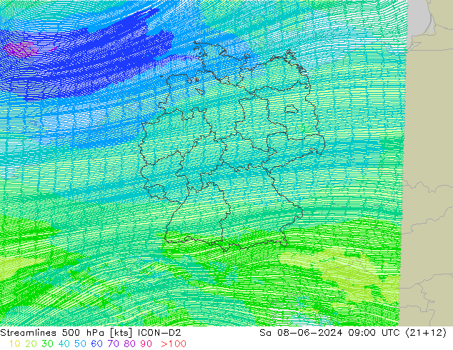 Stromlinien 500 hPa ICON-D2 Sa 08.06.2024 09 UTC