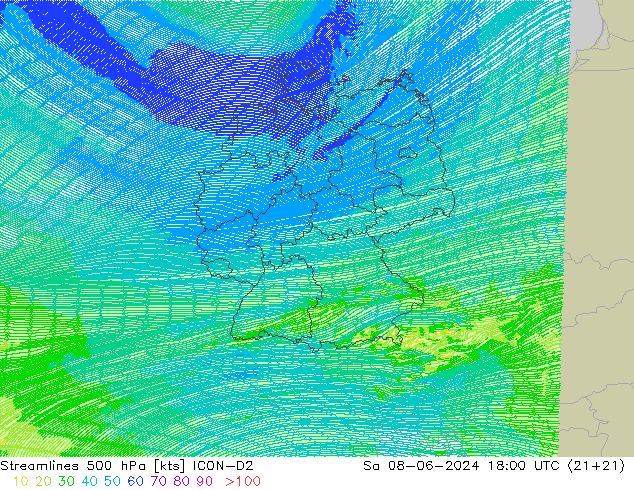 Linha de corrente 500 hPa ICON-D2 Sáb 08.06.2024 18 UTC