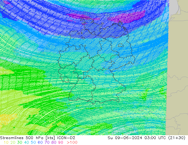 Rüzgar 500 hPa ICON-D2 Paz 09.06.2024 03 UTC