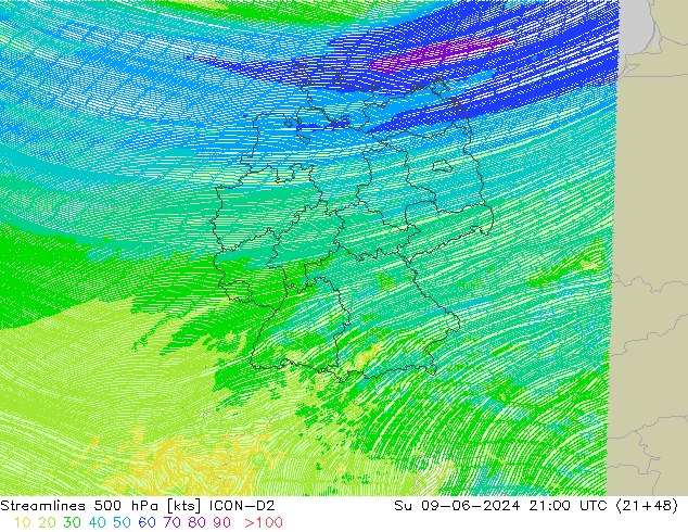 Ligne de courant 500 hPa ICON-D2 dim 09.06.2024 21 UTC