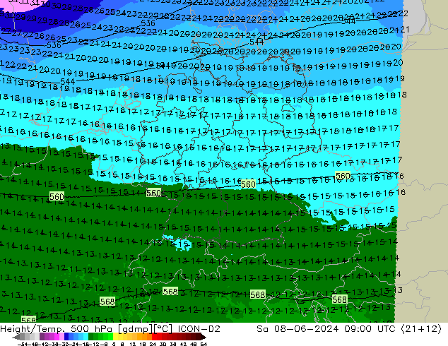 Height/Temp. 500 hPa ICON-D2 Sa 08.06.2024 09 UTC