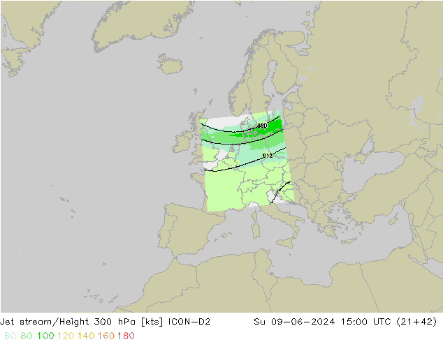 Jet stream/Height 300 hPa ICON-D2 Su 09.06.2024 15 UTC