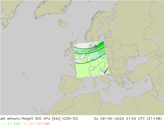 Jet stream/Height 300 hPa ICON-D2 Su 09.06.2024 21 UTC