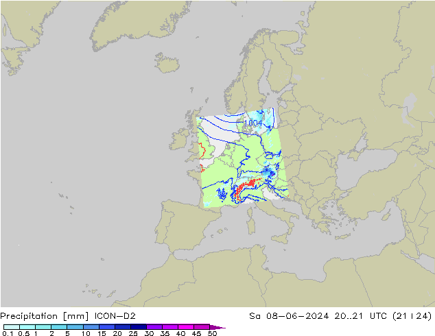 Precipitazione ICON-D2 sab 08.06.2024 21 UTC