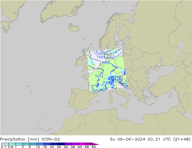 Srážky ICON-D2 Ne 09.06.2024 21 UTC