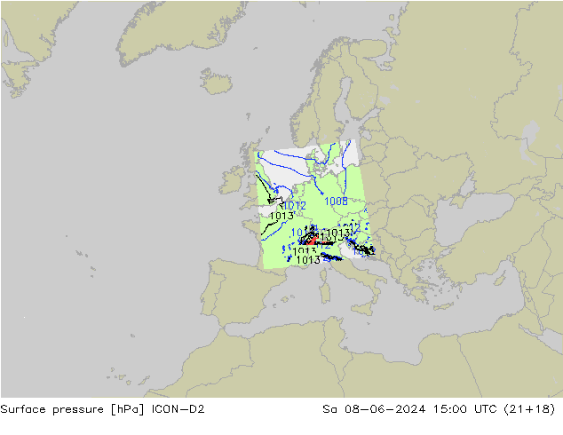 Pressione al suolo ICON-D2 sab 08.06.2024 15 UTC