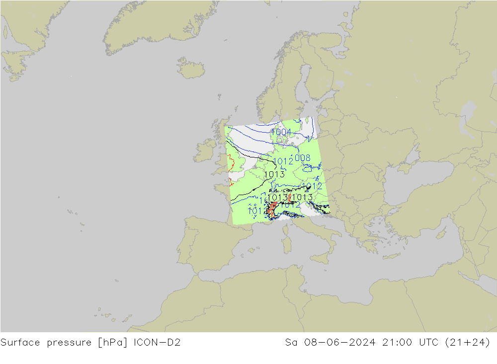 Luchtdruk (Grond) ICON-D2 za 08.06.2024 21 UTC