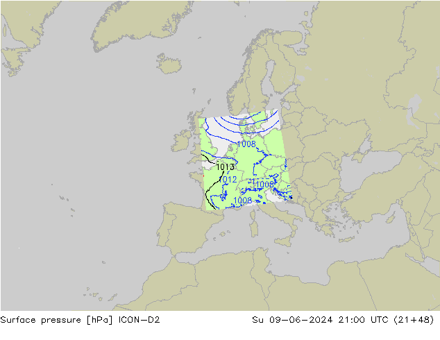 Surface pressure ICON-D2 Su 09.06.2024 21 UTC