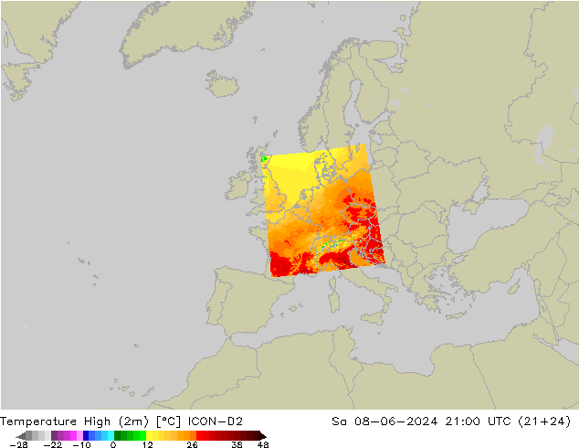 Temperature High (2m) ICON-D2 Sa 08.06.2024 21 UTC