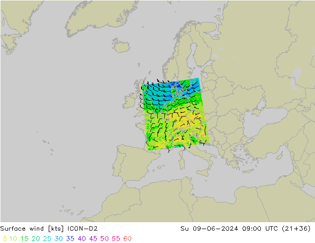 Vento 10 m ICON-D2 Dom 09.06.2024 09 UTC