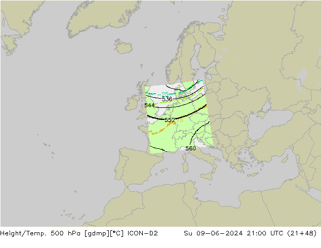 Height/Temp. 500 hPa ICON-D2 Su 09.06.2024 21 UTC