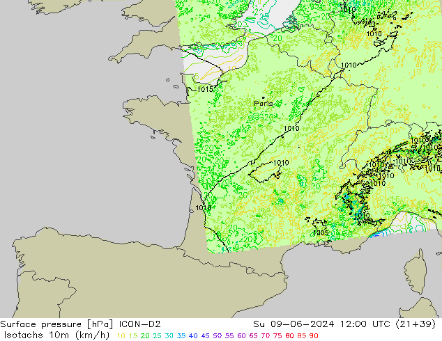 Isotachen (km/h) ICON-D2 zo 09.06.2024 12 UTC