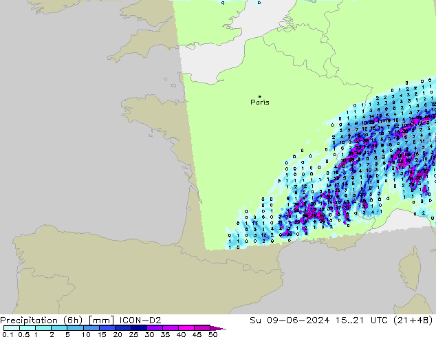 Precipitation (6h) ICON-D2 Su 09.06.2024 21 UTC