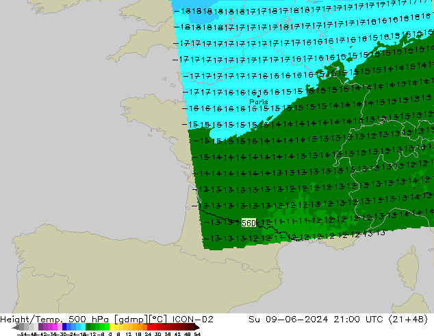 Height/Temp. 500 hPa ICON-D2 Dom 09.06.2024 21 UTC