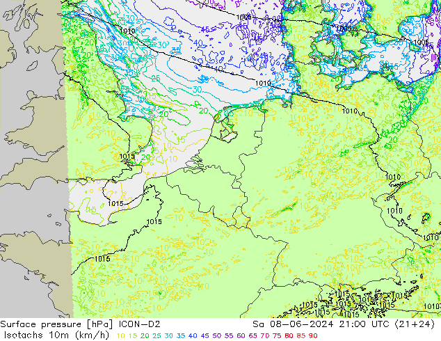 Eşrüzgar Hızları (km/sa) ICON-D2 Cts 08.06.2024 21 UTC