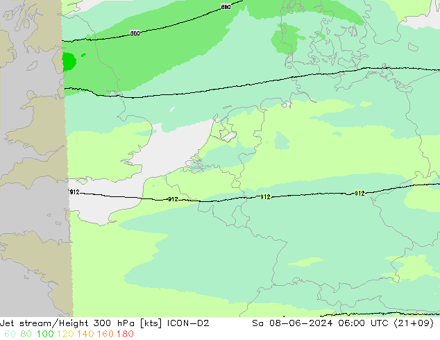 Jet stream/Height 300 hPa ICON-D2 Sa 08.06.2024 06 UTC