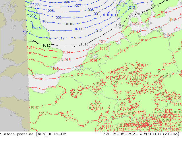 Atmosférický tlak ICON-D2 So 08.06.2024 00 UTC