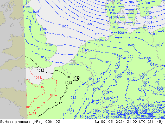 Luchtdruk (Grond) ICON-D2 zo 09.06.2024 21 UTC