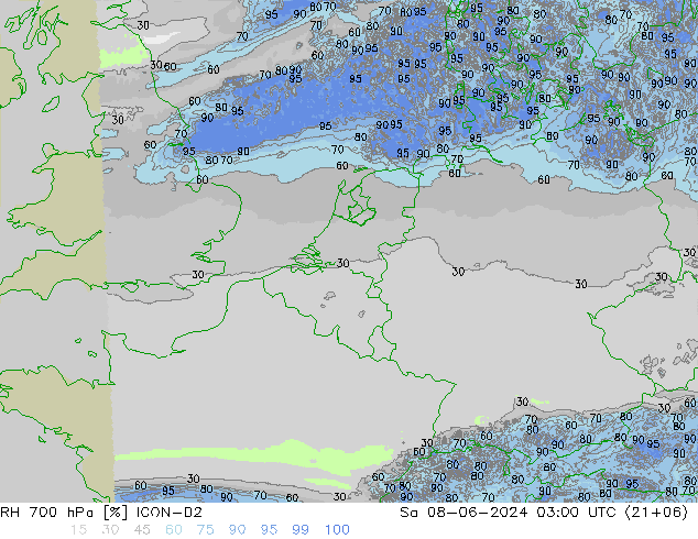 RH 700 hPa ICON-D2 so. 08.06.2024 03 UTC