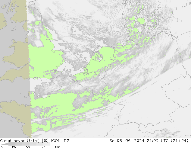 Wolken (gesamt) ICON-D2 Sa 08.06.2024 21 UTC