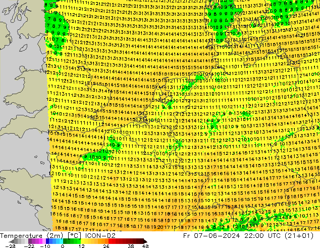 Temperature (2m) ICON-D2 Fr 07.06.2024 22 UTC