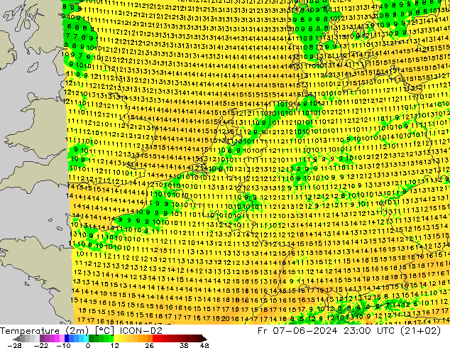 Temperature (2m) ICON-D2 Fr 07.06.2024 23 UTC