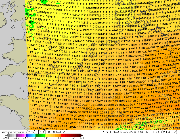 Temperaturkarte (2m) ICON-D2 Sa 08.06.2024 09 UTC