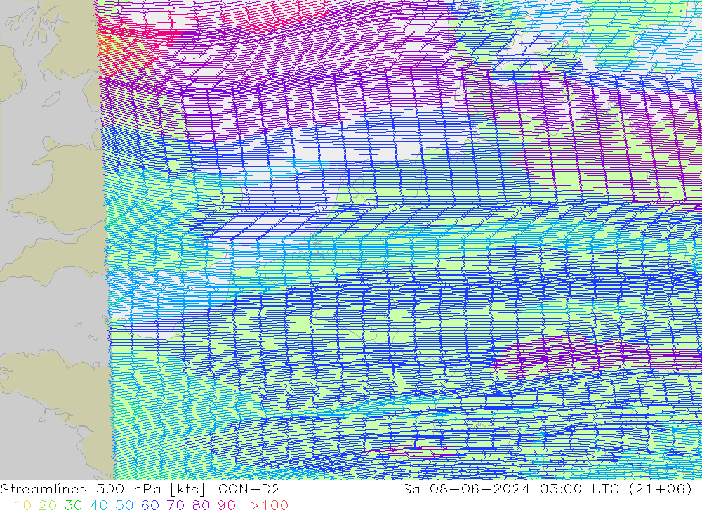 Linia prądu 300 hPa ICON-D2 so. 08.06.2024 03 UTC