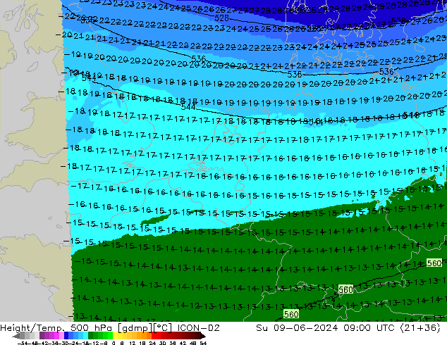 Height/Temp. 500 hPa ICON-D2 Su 09.06.2024 09 UTC