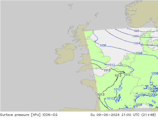 Surface pressure ICON-D2 Su 09.06.2024 21 UTC