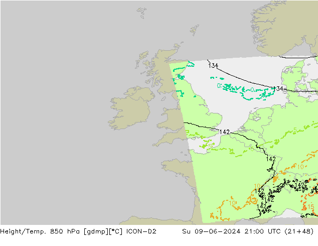 Hoogte/Temp. 850 hPa ICON-D2 zo 09.06.2024 21 UTC
