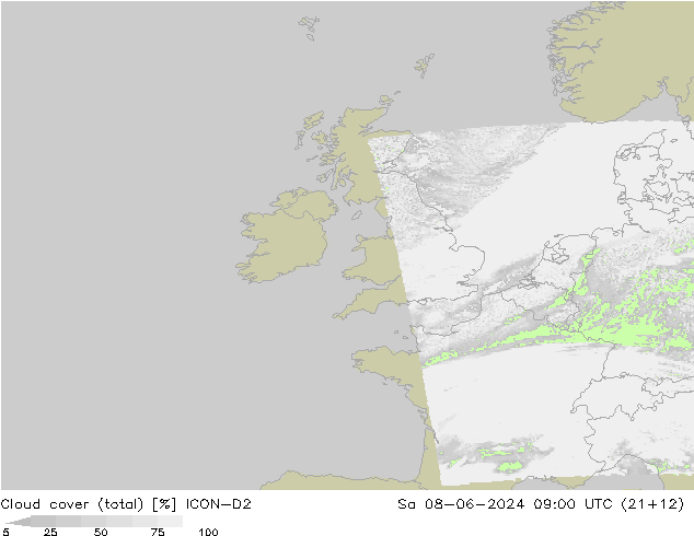 Cloud cover (total) ICON-D2 Sa 08.06.2024 09 UTC