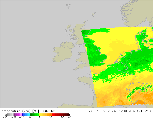 Temperatuurkaart (2m) ICON-D2 zo 09.06.2024 03 UTC
