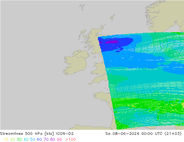 Linea di flusso 500 hPa ICON-D2 sab 08.06.2024 00 UTC