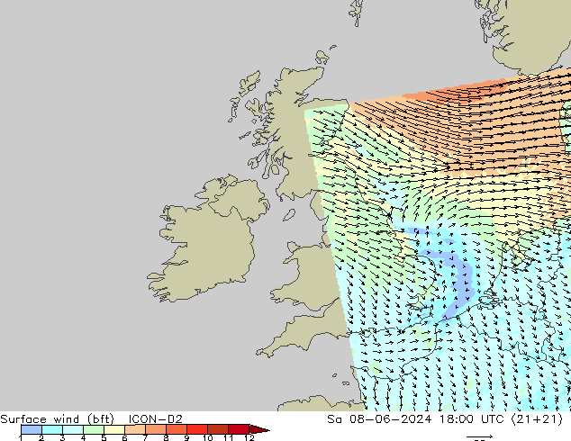 Rüzgar 10 m (bft) ICON-D2 Cts 08.06.2024 18 UTC