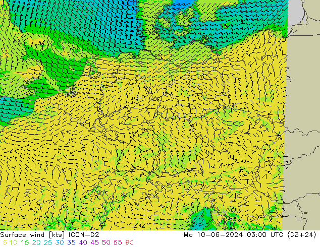 Surface wind ICON-D2 Mo 10.06.2024 03 UTC