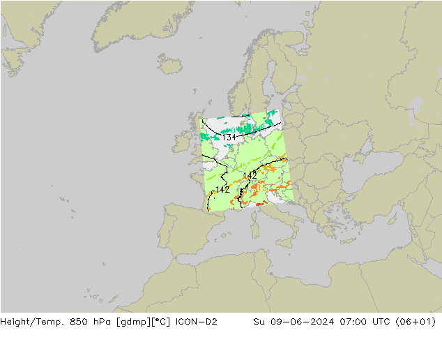 Height/Temp. 850 hPa ICON-D2 Su 09.06.2024 07 UTC