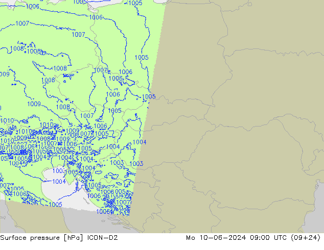 Atmosférický tlak ICON-D2 Po 10.06.2024 09 UTC