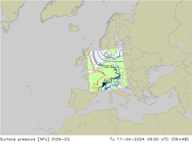Bodendruck ICON-D2 Di 11.06.2024 09 UTC