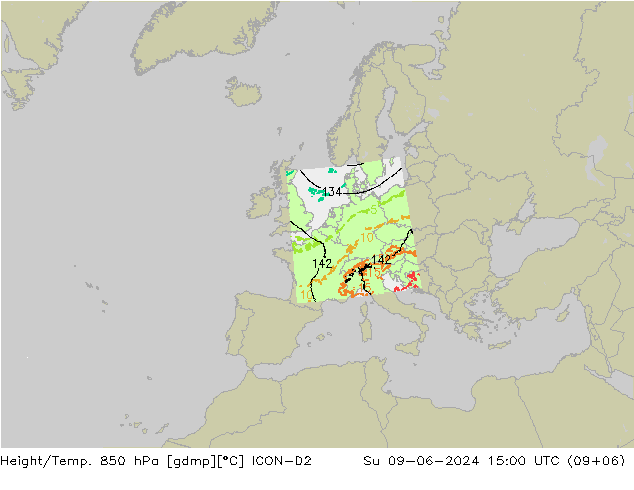Height/Temp. 850 hPa ICON-D2 Su 09.06.2024 15 UTC