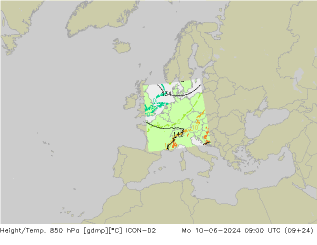 Height/Temp. 850 hPa ICON-D2  10.06.2024 09 UTC