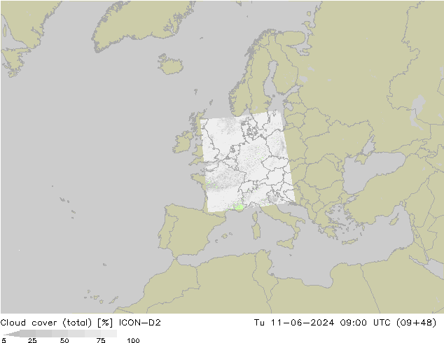 Cloud cover (total) ICON-D2 Út 11.06.2024 09 UTC