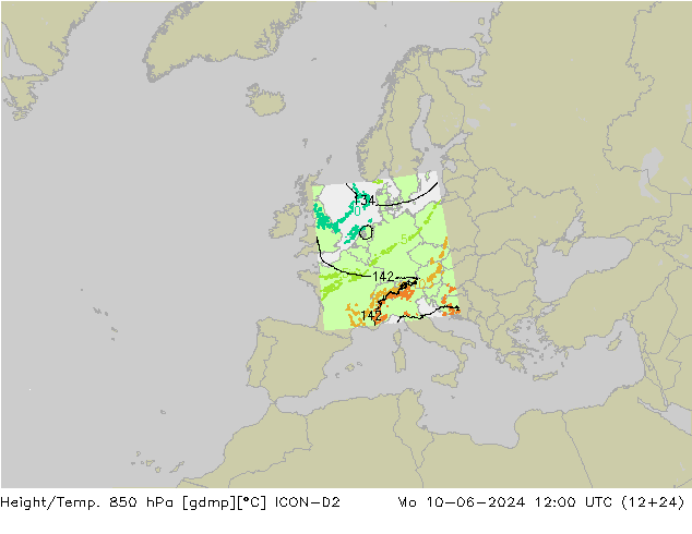 Height/Temp. 850 hPa ICON-D2 pon. 10.06.2024 12 UTC