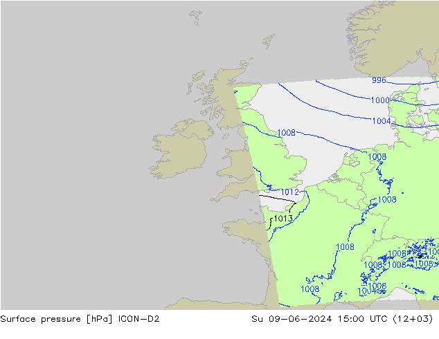 Atmosférický tlak ICON-D2 Ne 09.06.2024 15 UTC